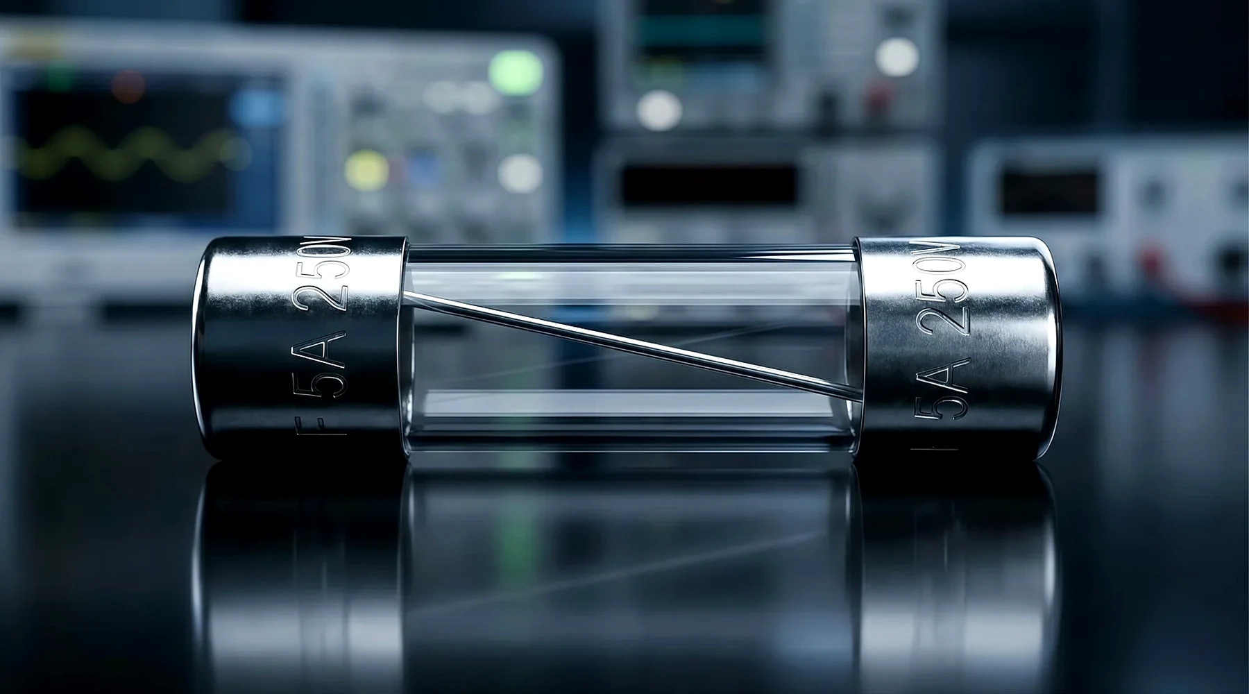 Wide close-up of a glass cartridge fuse for OEM manufacturing